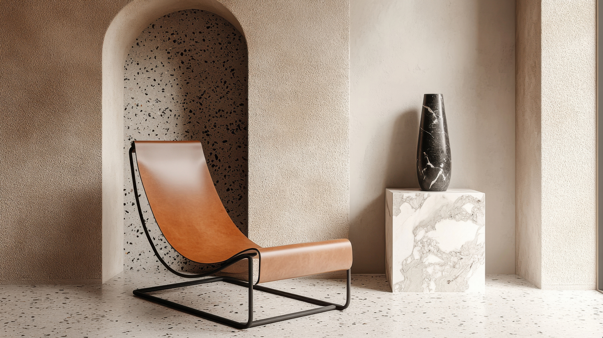 Sling-Chair-Cortina-SantaFe-Strap Cortina's Santa Fe Strap leather is shown in Golden, a light brown, on a custom sling chair.