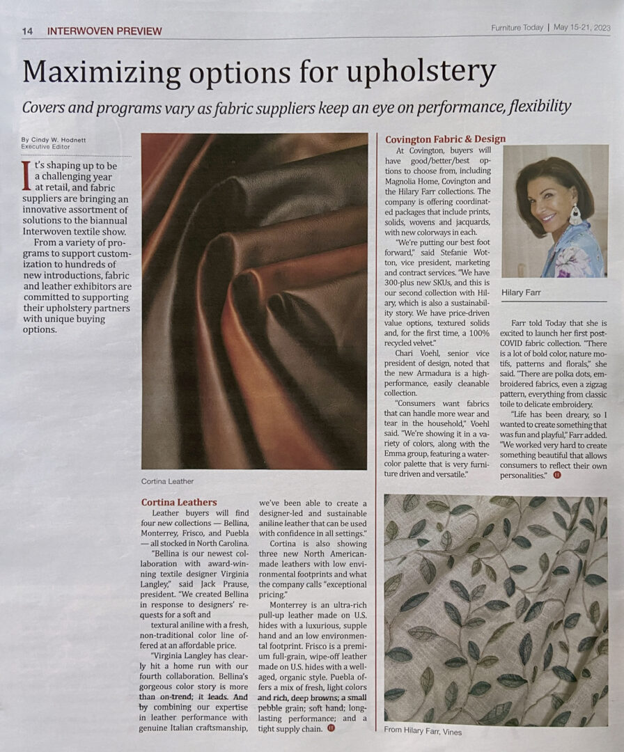 Cortina’s new Monterrey featured in Furniture Today Magazine Cortina Leathers