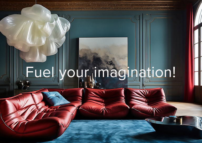 Cortina Leathers Concept Art with a sofa covered in deep red leather shown in a moody blue room that has a dramatic light and painting