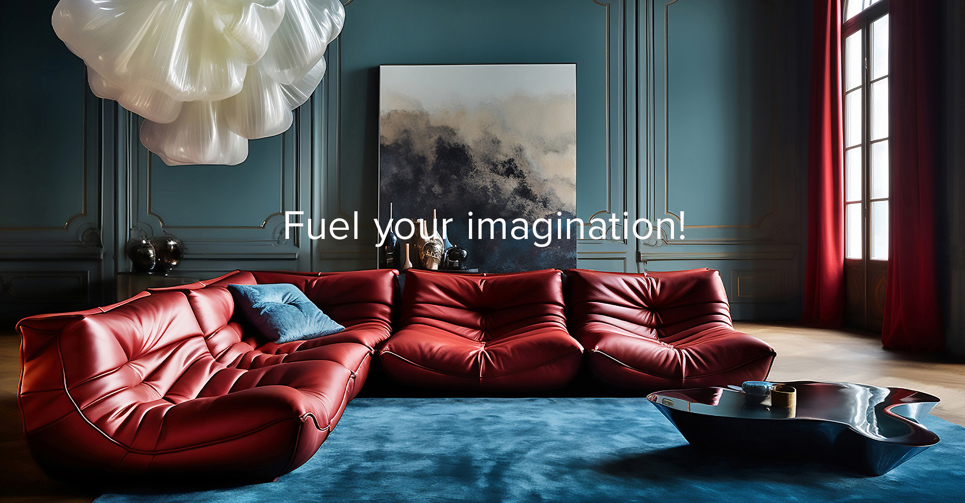 Cortina Leathers Concept Art with a sofa covered in deep red leather shown in a moody blue room that has a dramatic light and painting