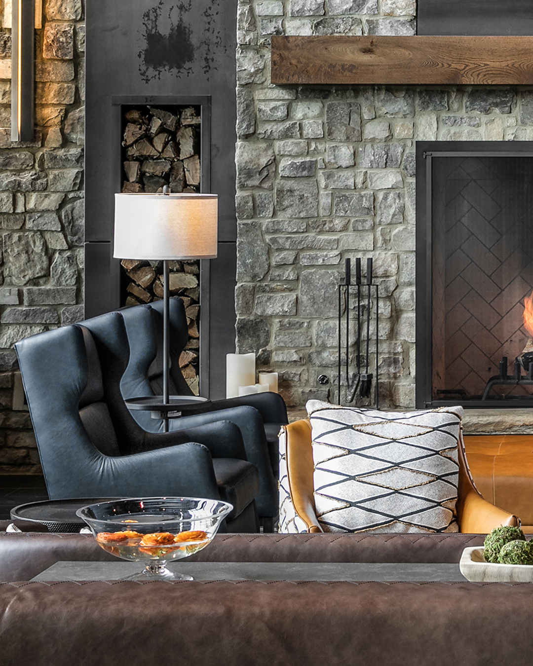 Cloudland-McLemore-FlickMars-161Photography-Cortina-Florence-Cafe-Blueberry-10 Cozy hotel lounge with a fireplace and Cortina leather wrapped seating.
