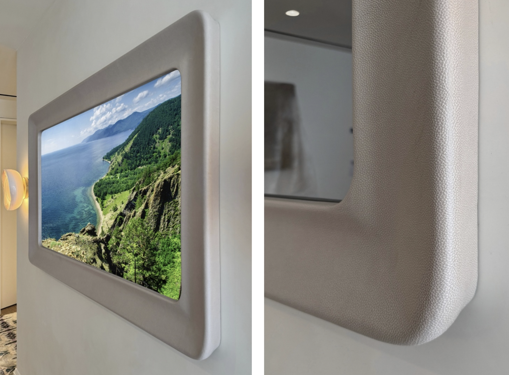 Reflectel Swoop Frame Closeup in Cortina Leathers Covered in Cortina Leathers, a closeup showing Reflectel's Swoop Mirror TV frame.