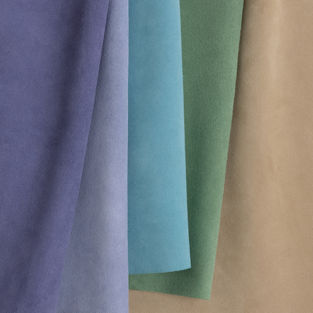 Cortina's Chaps suede leather is shown in 5 stunning shades of purple blue green and sand.